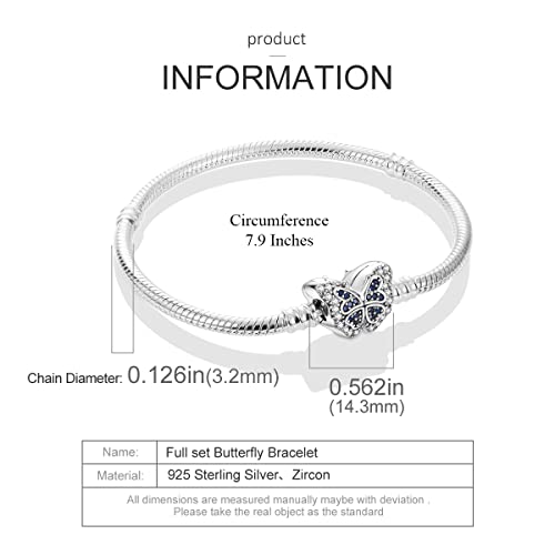 MULA 925 Sterling Silver Snake Chain Charm Bracelet Butterfly Best Friend Heart with 5A Cubic Zirconia Gift for Women