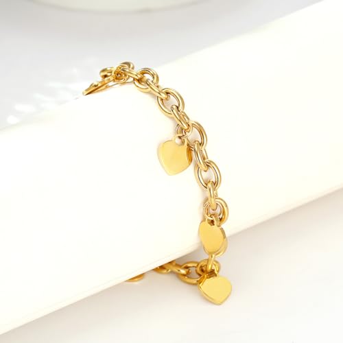 DEAROK Gold Heart Bracelets for Women 14K Gold Plated Charm Bracelet for Mothers Birthday Gifts Friendship Bracelet For Women Stainless Steel Bracelet Gift for Women