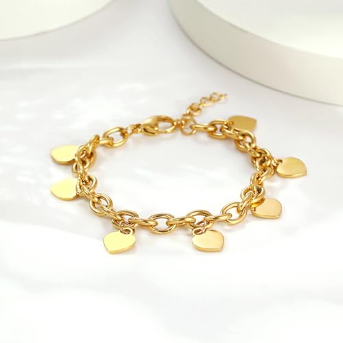 DEAROK Gold Heart Bracelets for Women 14K Gold Plated Charm Bracelet for Mothers Birthday Gifts Friendship Bracelet For Women Stainless Steel Bracelet Gift for Women