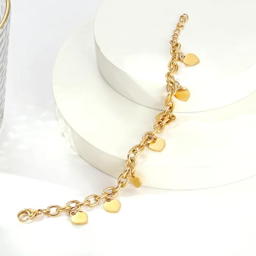 DEAROK Gold Heart Bracelets for Women 14K Gold Plated Charm Bracelet for Mothers Birthday Gifts Friendship Bracelet For Women Stainless Steel Bracelet Gift for Women