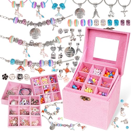 WJZDY Charm Bracelet Making Kit Jewelry Making Kit Toys Crafts for Girls Art Supplies Beads for DIY Bracelets Friendship Bracelet Kit with Pink Jewelry Box Great Birthday Gift Idea for Girls