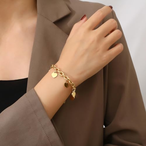 DEAROK Gold Heart Bracelets for Women 14K Gold Plated Charm Bracelet for Mothers Birthday Gifts Friendship Bracelet For Women Stainless Steel Bracelet Gift for Women
