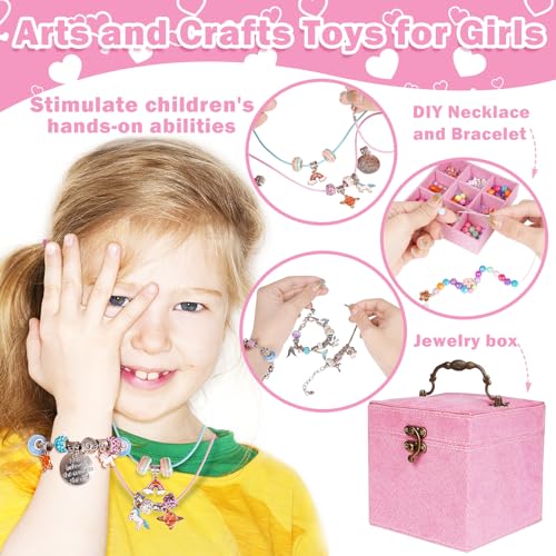 WJZDY Charm Bracelet Making Kit Jewelry Making Kit Toys Crafts for Girls Art Supplies Beads for DIY Bracelets Friendship Bracelet Kit with Pink Jewelry Box Great Birthday Gift Idea for Girls