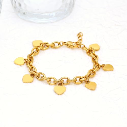 DEAROK Gold Heart Bracelets for Women 14K Gold Plated Charm Bracelet for Mothers Birthday Gifts Friendship Bracelet For Women Stainless Steel Bracelet Gift for Women