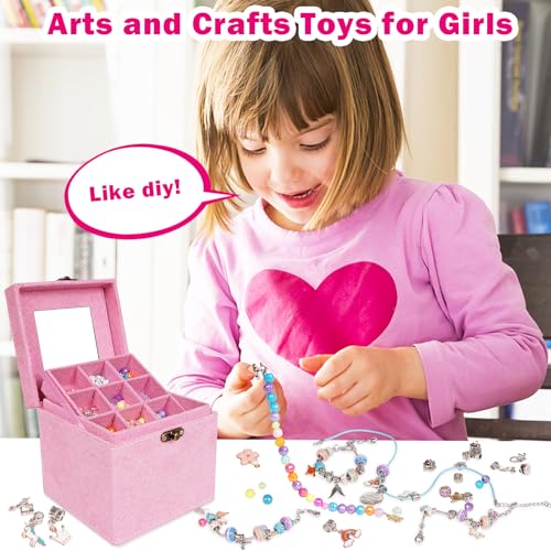WJZDY Charm Bracelet Making Kit Jewelry Making Kit Toys Crafts for Girls Art Supplies Beads for DIY Bracelets Friendship Bracelet Kit with Pink Jewelry Box Great Birthday Gift Idea for Girls