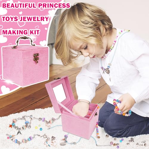 WJZDY Charm Bracelet Making Kit Jewelry Making Kit Toys Crafts for Girls Art Supplies Beads for DIY Bracelets Friendship Bracelet Kit with Pink Jewelry Box Great Birthday Gift Idea for Girls