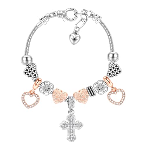 KaGrbves Charm Bracelet for Women, Heart Shape Glass Beads Sliver CZ Cross Snake Chain Bracelet, Trendy Charm Bracelet Jewelry Gifts for Women Girls