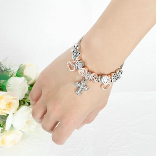 KaGrbves Charm Bracelet for Women, Heart Shape Glass Beads Sliver CZ Cross Snake Chain Bracelet, Trendy Charm Bracelet Jewelry Gifts for Women Girls