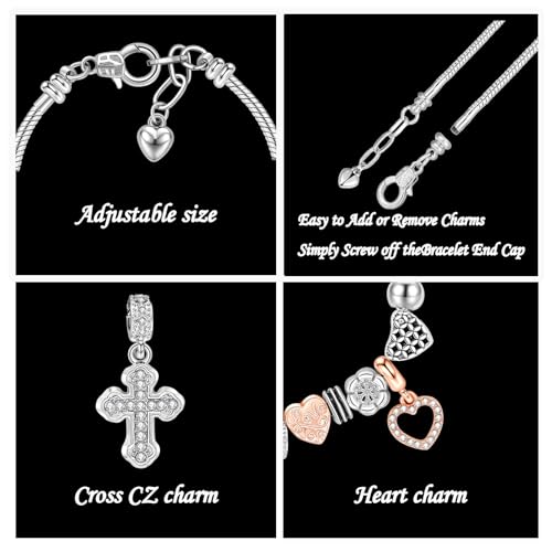 KaGrbves Charm Bracelet for Women, Heart Shape Glass Beads Sliver CZ Cross Snake Chain Bracelet, Trendy Charm Bracelet Jewelry Gifts for Women Girls
