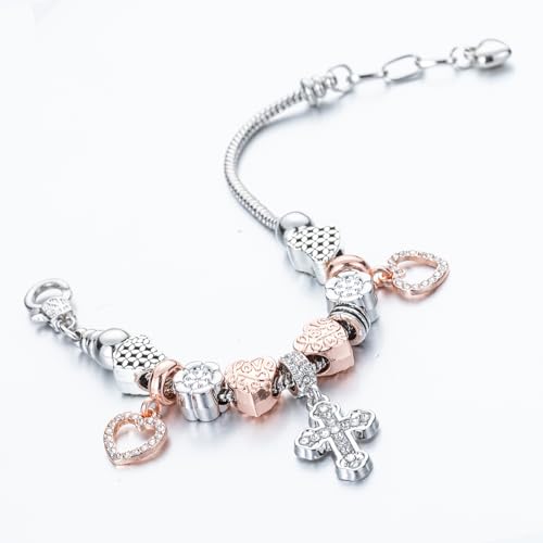 KaGrbves Charm Bracelet for Women, Heart Shape Glass Beads Sliver CZ Cross Snake Chain Bracelet, Trendy Charm Bracelet Jewelry Gifts for Women Girls