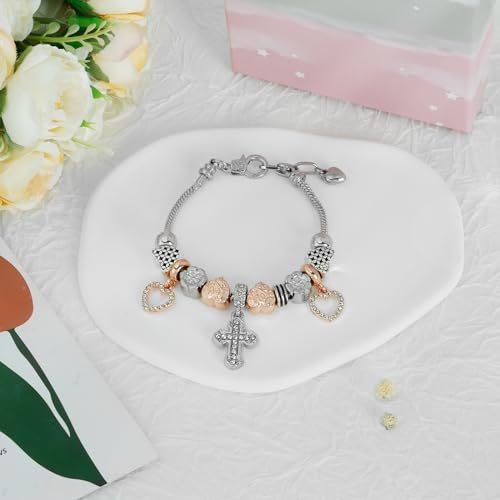 KaGrbves Charm Bracelet for Women, Heart Shape Glass Beads Sliver CZ Cross Snake Chain Bracelet, Trendy Charm Bracelet Jewelry Gifts for Women Girls