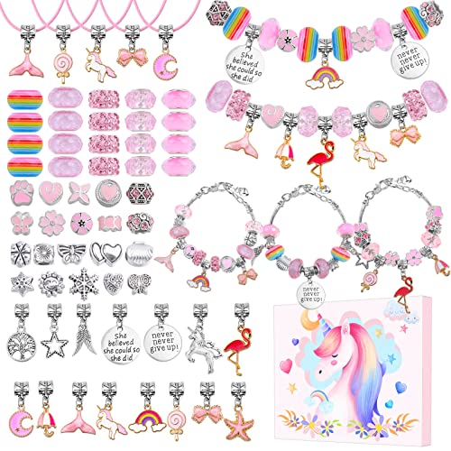 Flasoo DIY Charm Bracelet Making Kit, Jewelry Kit for Teen Girls with Unicorn Mermaid Pink Stuff Craft Gifts for Birthday, Christmas, New Year