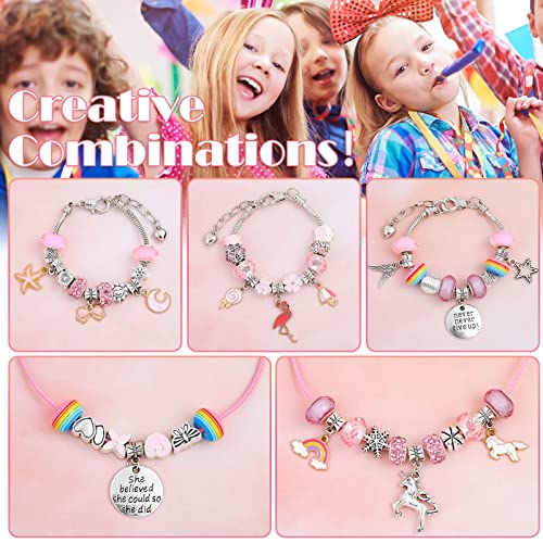 Flasoo DIY Charm Bracelet Making Kit, Jewelry Kit for Teen Girls with Unicorn Mermaid Pink Stuff Craft Gifts for Birthday, Christmas, New Year