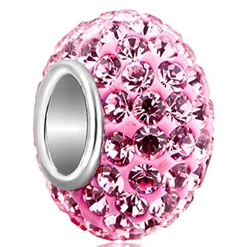 CharmSStory 925 Sterling Silver Pink Simulated Birthstone Charms Synthetic Crystal Bead For Bracelets