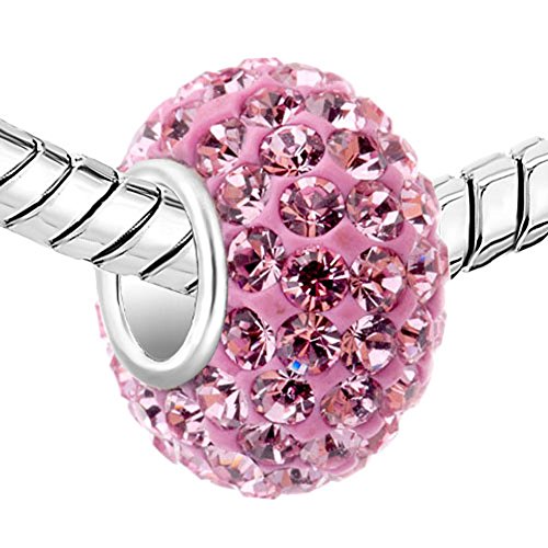 CharmSStory 925 Sterling Silver Pink Simulated Birthstone Charms Synthetic Crystal Bead For Bracelets