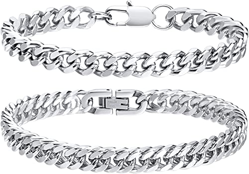 VNOX Silver Link Chain Bracelet for Men - Sturdy Stainless Steel Silver 7mm Width Cuban Link Chain Mens Bracelet Gifts for Men Dad Husband Boyfriend