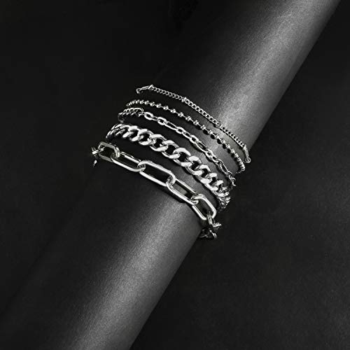 Silver Link Bracelet for Women Girls Silver Plated Dainty Link Beads Bracelets Adjustable Layered Metal Link Bracelet Set Handmade Fashion Jewelry