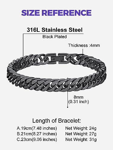 Richsteel Black Link Chain Bracelet For Men 8mm Wide 7.4 Inch Minimalist Jewelry