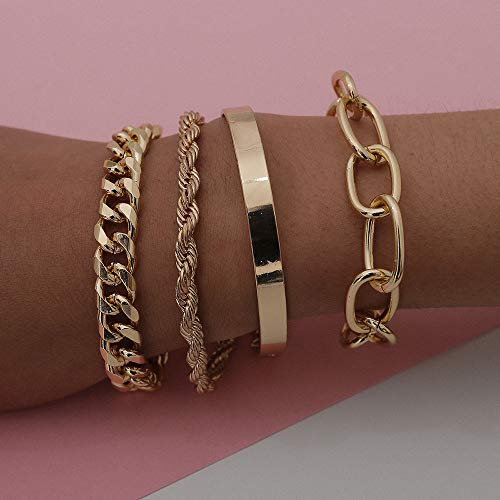 fxmimior Dainty Boho Gold Silver Chain Bracelets Set for Women Adjustable Fashion Beaded Chunky Flat Cable Chain Punk Bracelets Jewelry for Women Gift Set of 4 (Gold)
