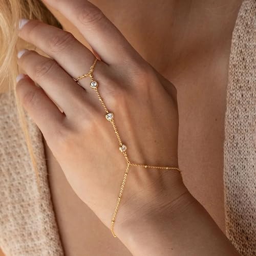 Poxtex Gold Beaded Bracelets for Girls Waterproof, 14K Real Gold CZ Diamond Bezel Hand Chain Bracelets, Dainty Adjustable Bracelets for Girls Trendy, Jewelry Gifts for Girls, Mother's Day Gifts for Mom