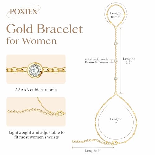 Poxtex Gold Beaded Bracelets for Girls Waterproof, 14K Real Gold CZ Diamond Bezel Hand Chain Bracelets, Dainty Adjustable Bracelets for Girls Trendy, Jewelry Gifts for Girls, Mother's Day Gifts for Mom