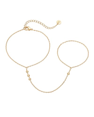 PAVOI 14K Yellow Gold Plated Beaded Hand Chain Bracelet for Women | Dainty Beads Bracelet and Ring Chain Body Jewelry