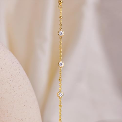 Poxtex Gold Beaded Bracelets for Girls Waterproof, 14K Real Gold CZ Diamond Bezel Hand Chain Bracelets, Dainty Adjustable Bracelets for Girls Trendy, Jewelry Gifts for Girls, Mother's Day Gifts for Mom