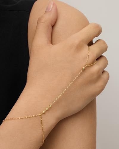 PAVOI 14K Yellow Gold Plated Beaded Hand Chain Bracelet for Women | Dainty Beads Bracelet and Ring Chain Body Jewelry