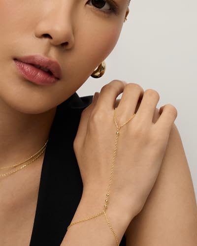 PAVOI 14K Yellow Gold Plated Beaded Hand Chain Bracelet for Women | Dainty Beads Bracelet and Ring Chain Body Jewelry