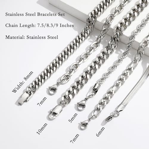 Zocomi Silver Chain Bracelets for Men Stainless Steel Stack Cuban Link Figaro Rope Chains Wrist Band Accessories Metal Mens Bracelet Pack Set Jewelry Gifts Him Male Pulsera Para Hombres 8.3 Inch