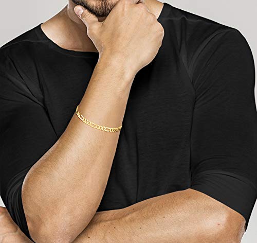 Miabella Solid 18K Gold Over Sterling Silver Italian 5mm Diamond-Cut Figaro Chain Bracelet for Women Men, 925 Made in Italy (Length 7 Inches (Small))
