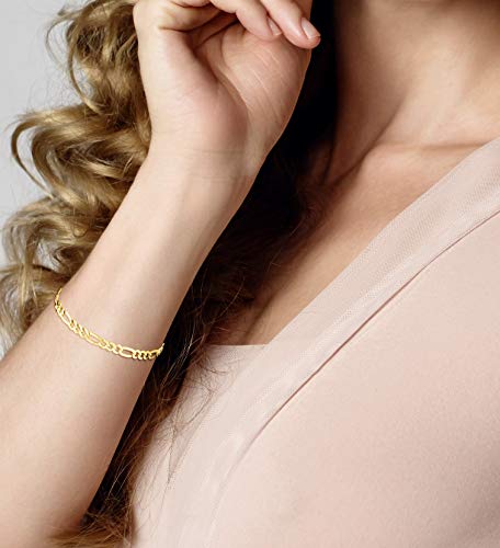 Miabella Solid 18K Gold Over Sterling Silver Italian 5mm Diamond-Cut Figaro Chain Bracelet for Women Men, 925 Made in Italy (Length 7 Inches (Small))