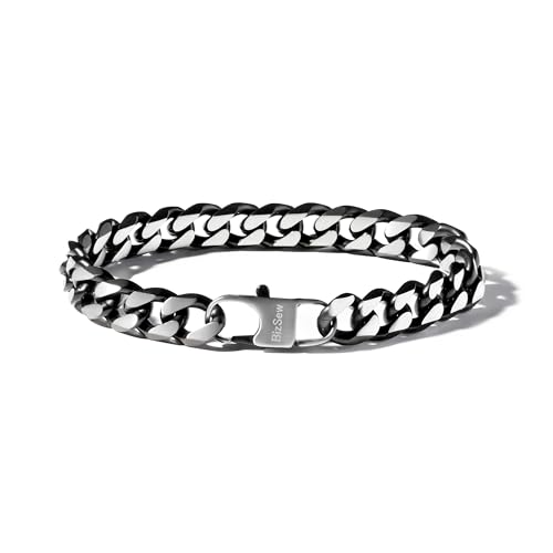 bizsew Chain Bracelet for Men Boy Two-tone Stainless Steel 10.5mm Width Large Cuban Link Chain (Black&Silver, M)