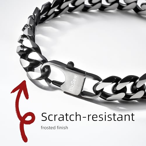 bizsew Chain Bracelet for Men Boy Two-tone Stainless Steel 10.5mm Width Large Cuban Link Chain (Black&Silver, M)