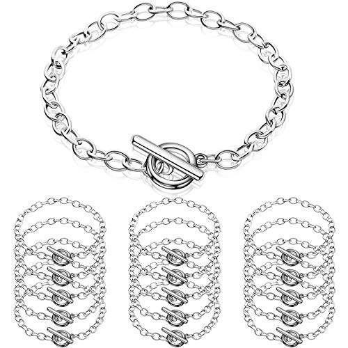 Junkin 20 Pieces Chain Bracelets Stainless Steel Link Bracelet Round Link Chain Bracelets with OT Toggle Clasp Jewelry Bracelet Making Chain for Women Girls Valentine's Day Present (Silver)