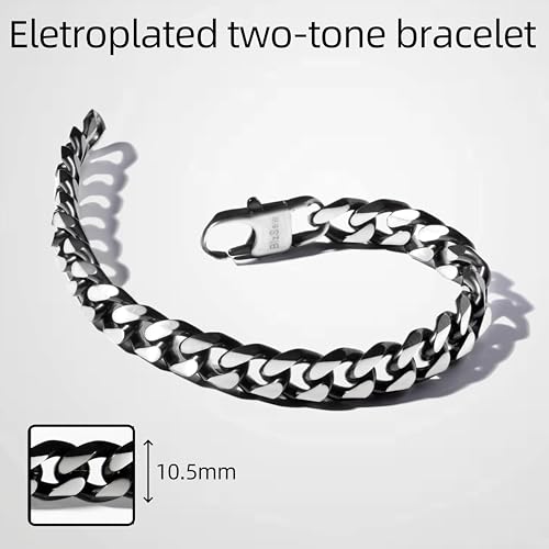 bizsew Chain Bracelet for Men Boy Two-tone Stainless Steel 10.5mm Width Large Cuban Link Chain (Black&Silver, M)