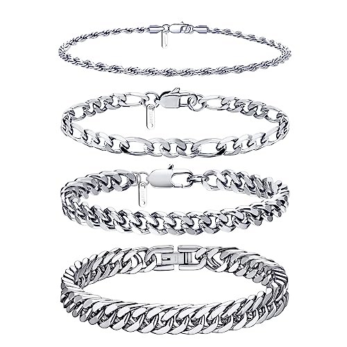 Ritach Stainless Steel Cuban Chain Bracelet for Men Women Curb Width Silver Rope Figaro Cuban Chain Bracelets Set 7.5/8/8.5inch Men Jewelry Gifts(silver 8)