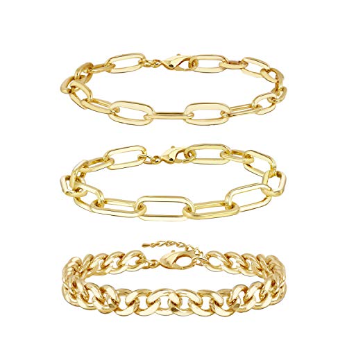 Gold Chain Bracelet Sets for Women Girls 14K Gold Plated Dainty Link Paperclip Choker Bracelet Stack Gold Small Ball Beads Bracelets Adjustable Layered Metal Link Bracelet (Style-4)…
