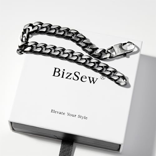 bizsew Chain Bracelet for Men Boy Two-tone Stainless Steel 10.5mm Width Large Cuban Link Chain (Black&Silver, M)
