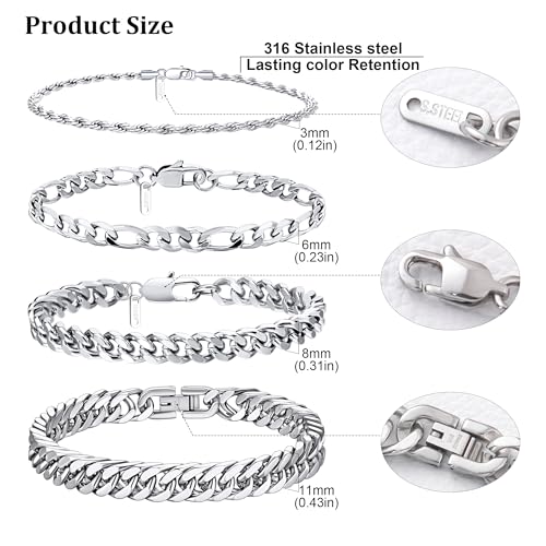 Ritach Stainless Steel Cuban Chain Bracelet for Men Women Curb Width Silver Rope Figaro Cuban Chain Bracelets Set 7.5/8/8.5inch Men Jewelry Gifts(silver 8)