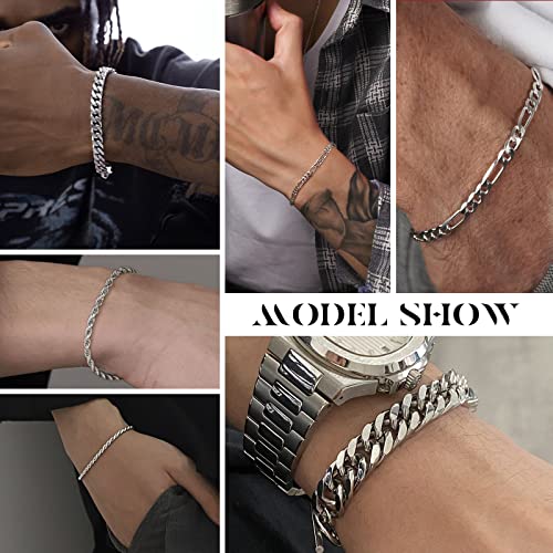 Ritach Stainless Steel Cuban Chain Bracelet for Men Women Curb Width Silver Rope Figaro Cuban Chain Bracelets Set 7.5/8/8.5inch Men Jewelry Gifts(silver 8)
