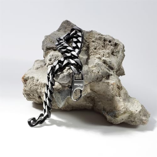 bizsew Chain Bracelet for Men Boy Two-tone Stainless Steel 10.5mm Width Large Cuban Link Chain (Black&Silver, M)