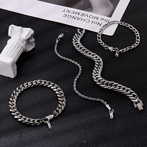 Ritach Stainless Steel Cuban Chain Bracelet for Men Women Curb Width Silver Rope Figaro Cuban Chain Bracelets Set 7.5/8/8.5inch Men Jewelry Gifts(silver 8)