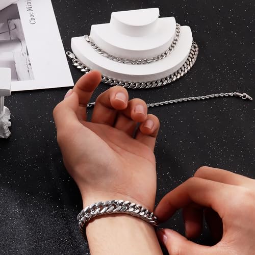 Ritach Stainless Steel Cuban Chain Bracelet for Men Women Curb Width Silver Rope Figaro Cuban Chain Bracelets Set 7.5/8/8.5inch Men Jewelry Gifts(silver 8)