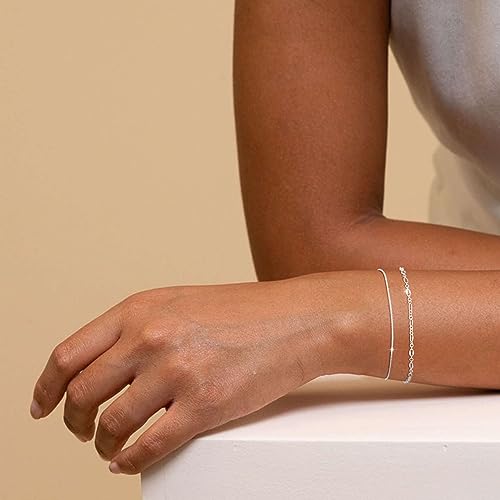 MBW Silver Bracelets Trendy, Sterling Silver Dainty Bracelets, 14K Silver Chain Small Thin Bracelet Stack Waterproof Jewelry Minimalist Simple Set for Women Teen Girls Gift