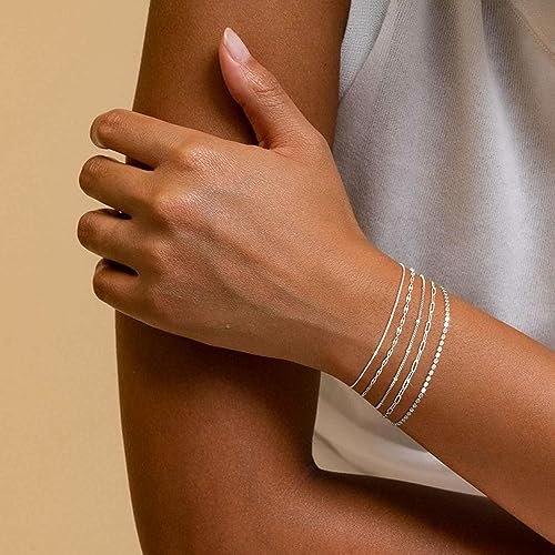 MBW Silver Bracelets Trendy, Sterling Silver Dainty Bracelets, 14K Silver Chain Small Thin Bracelet Stack Waterproof Jewelry Minimalist Simple Set for Women Teen Girls Gift