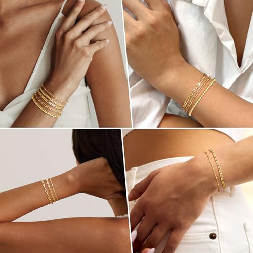adoyi Gold Bracelets for Women, 14K Gold Plated Charm Bracelet Stack Set Adjustable Stackable Bracelets Paperclip Chain Layered Link Charm Bracelet Gold Jewelry Sets Gifts for Women 6.8 Inch