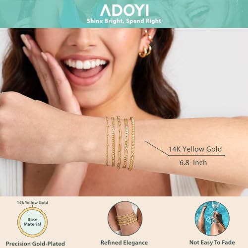 adoyi Gold Bracelets for Women, 14K Gold Plated Charm Bracelet Stack Set Adjustable Stackable Bracelets Paperclip Chain Layered Link Charm Bracelet Gold Jewelry Sets Gifts for Women 6.8 Inch