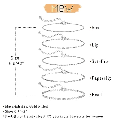 MBW Silver Bracelets Trendy, Sterling Silver Dainty Bracelets, 14K Silver Chain Small Thin Bracelet Stack Waterproof Jewelry Minimalist Simple Set for Women Teen Girls Gift