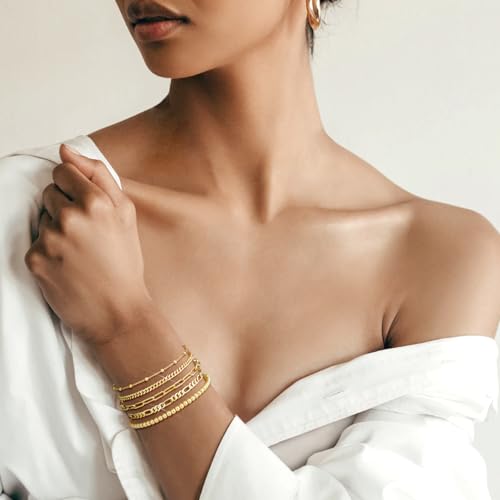 adoyi Gold Bracelets for Women, 14K Gold Plated Charm Bracelet Stack Set Adjustable Stackable Bracelets Paperclip Chain Layered Link Charm Bracelet Gold Jewelry Sets Gifts for Women 6.8 Inch